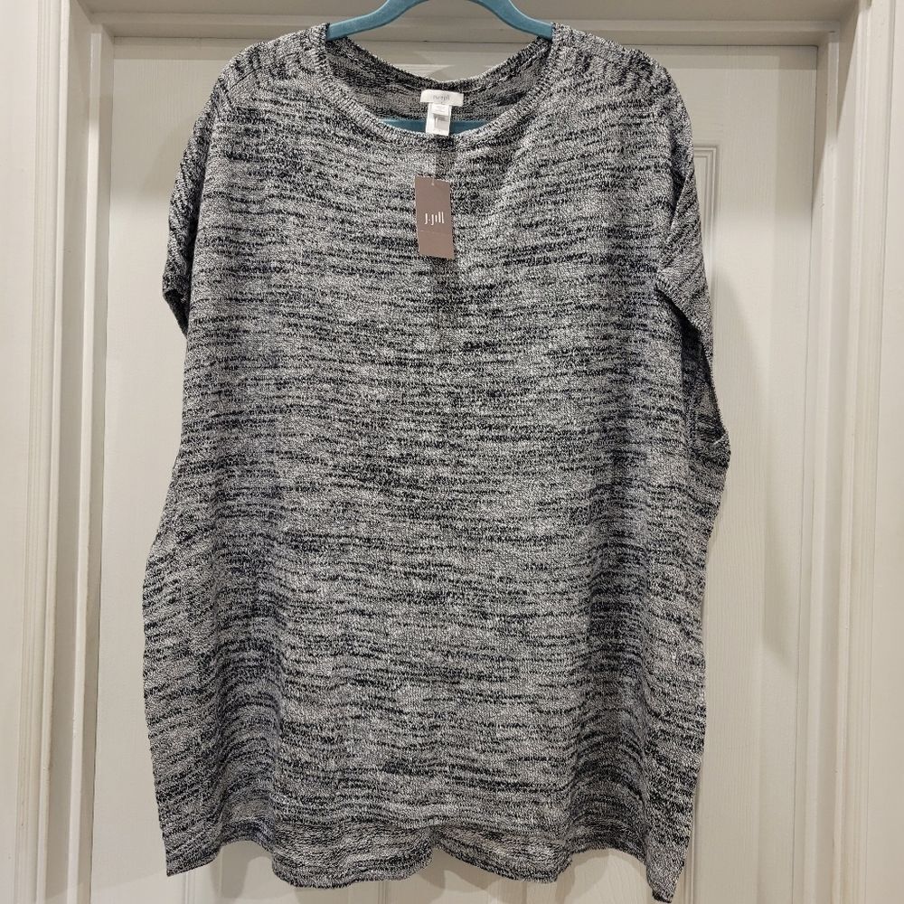 Pure Jill Elliptical Pullover Knit Top Black White Linen Blend, size 2X